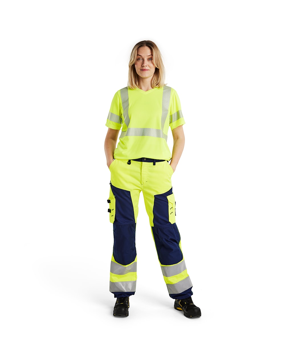 Blaklader Women's Hi-Vis Trousers without Nail Pockets 7155 #colour_hi-vis-yellow-navy-blue