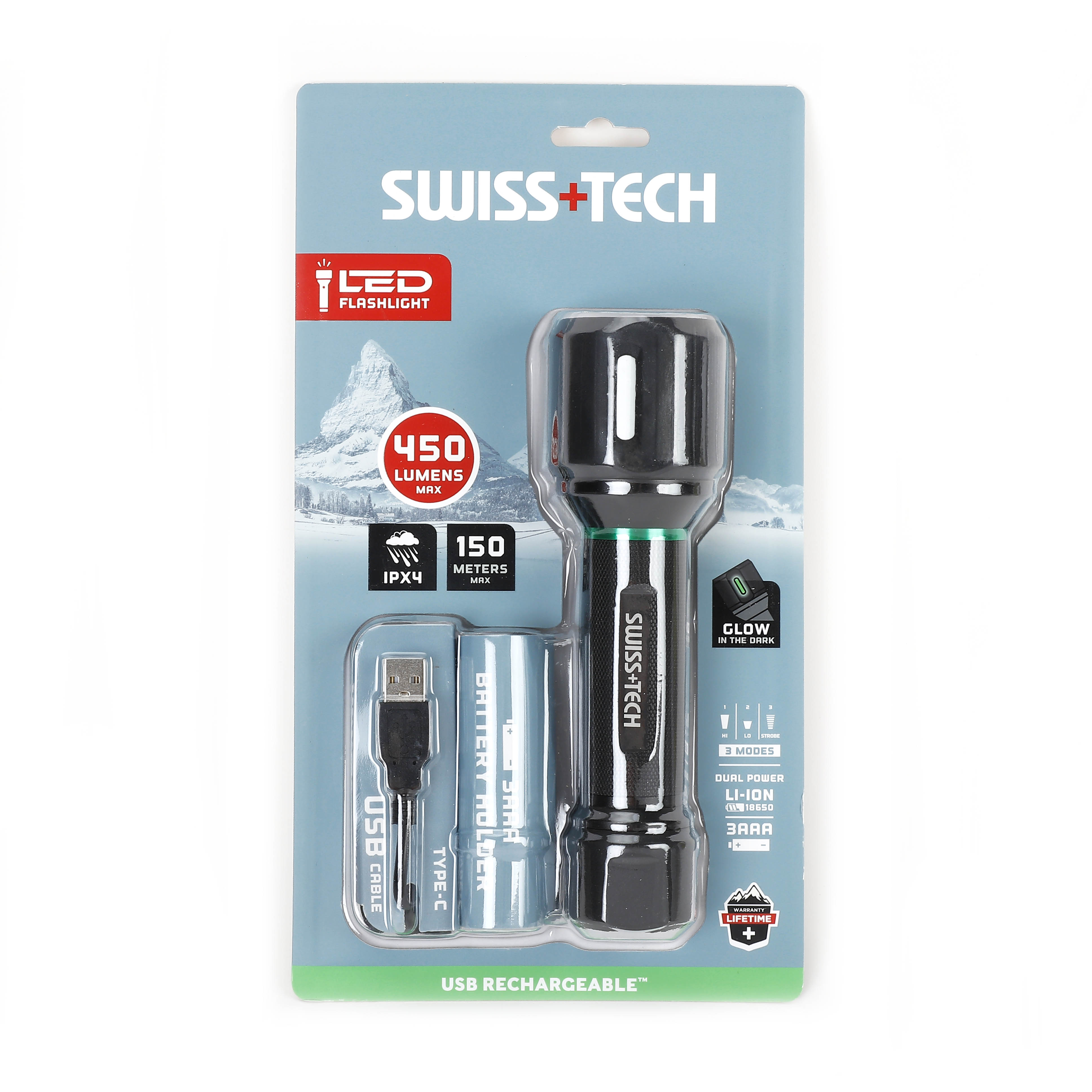 Scruffs Swiss-Tech Dual Power Rechargeable LED Flashlight - 400 Lumens - 3 x AAA or 18650 Battery