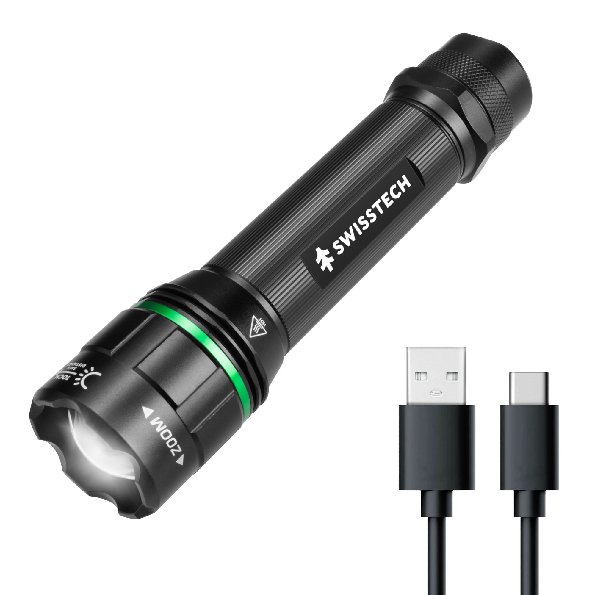 Scruffs Swiss-Tech Rechargeable Focus LED Flashlight - USB Rechargeable Zoom Torch - 18650 & 3 x AAA Compatible
