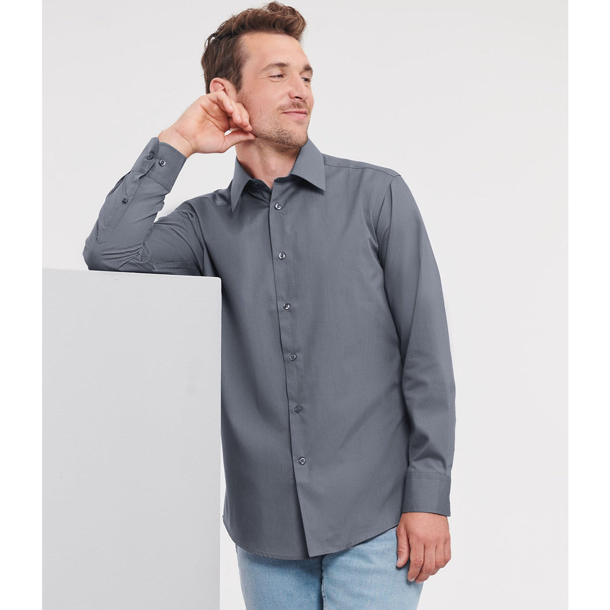 Russell Collection Long Sleeve Polycotton Easycare Fitted Poplin Shirt