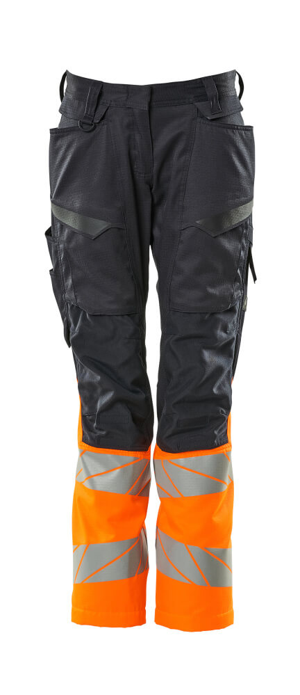 Mascot Accelerate Safe Ladies Diamond Fit Trousers with Kneepad Pockets #colour_navy-hi-vis-orange